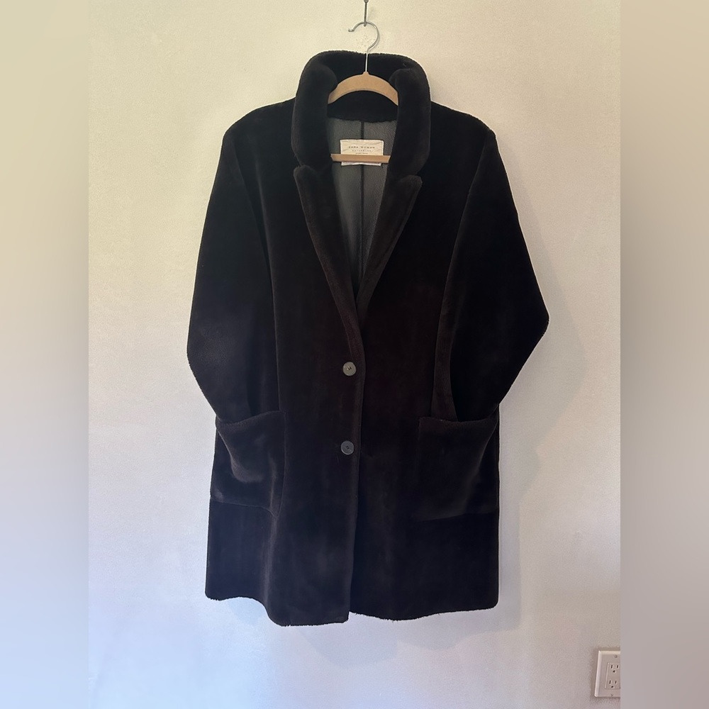 Zara black faux fur thick coat large